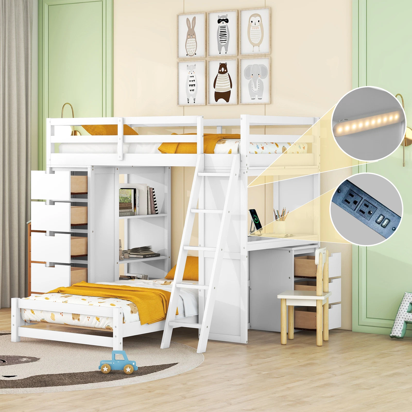 Twin over Twin Bunk Bed with LED Light and USB Por